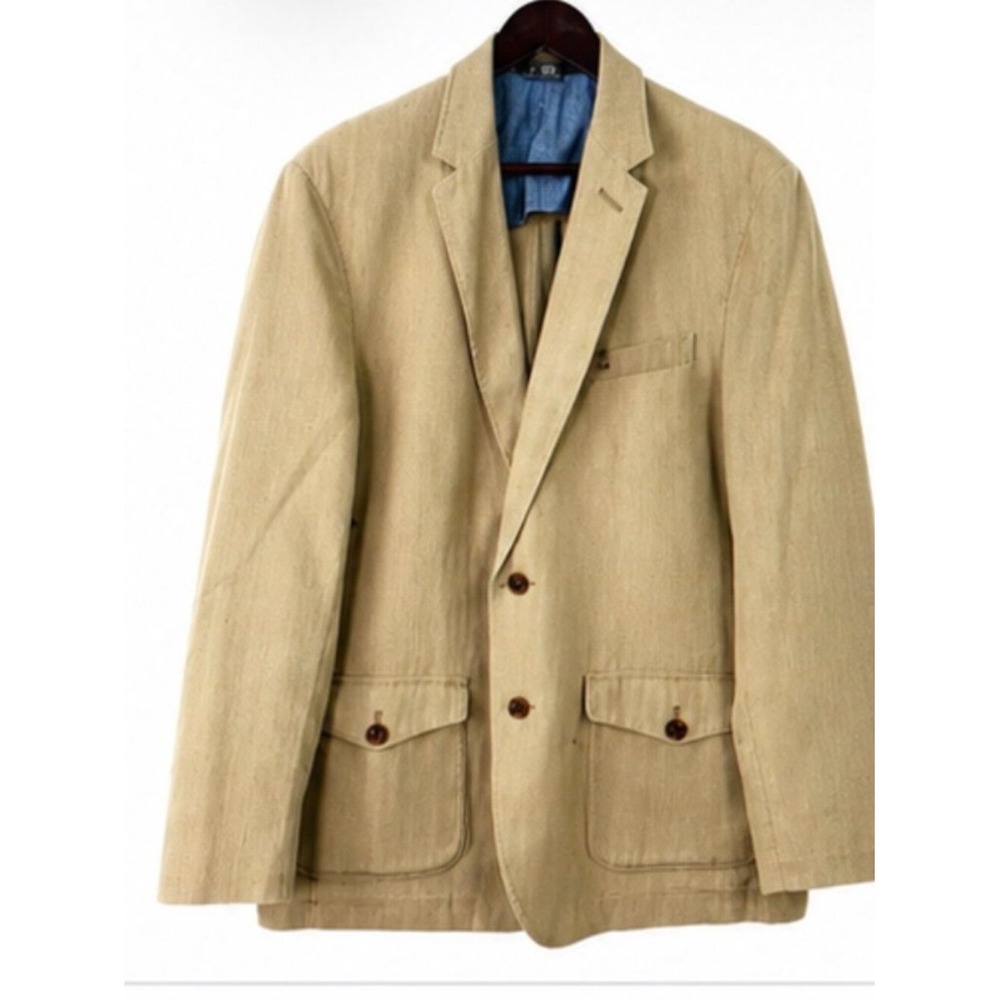 LL Bean Signature Mens Blazer Sport Coat Canvas Beige Elbow Patch Cotton Sz 44